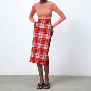 Zara Blogger Fave Pink Red Plaid Fitted Midi Skirt Sz XS